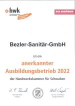 Bezler Sanitär GmbH ist ein anerkannter Ausbildungsbetrieb der Handwerkskammer für Schwaben.